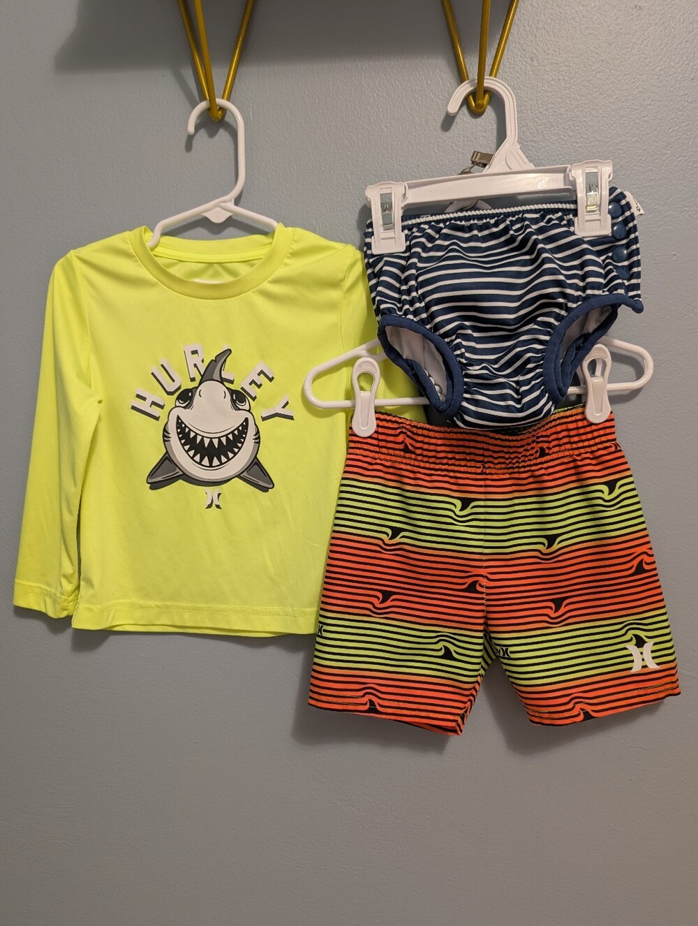 Hurley Bright Yellow Shark Rash Guard Striped Swim Shorts Set Swim Diaper Bundle
